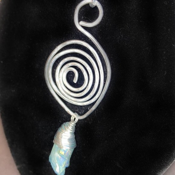 Hammered Stainless Steel Wire Pendant w/ Wrapped Blue Dyed Quartz Stone - Picture 7 of 12